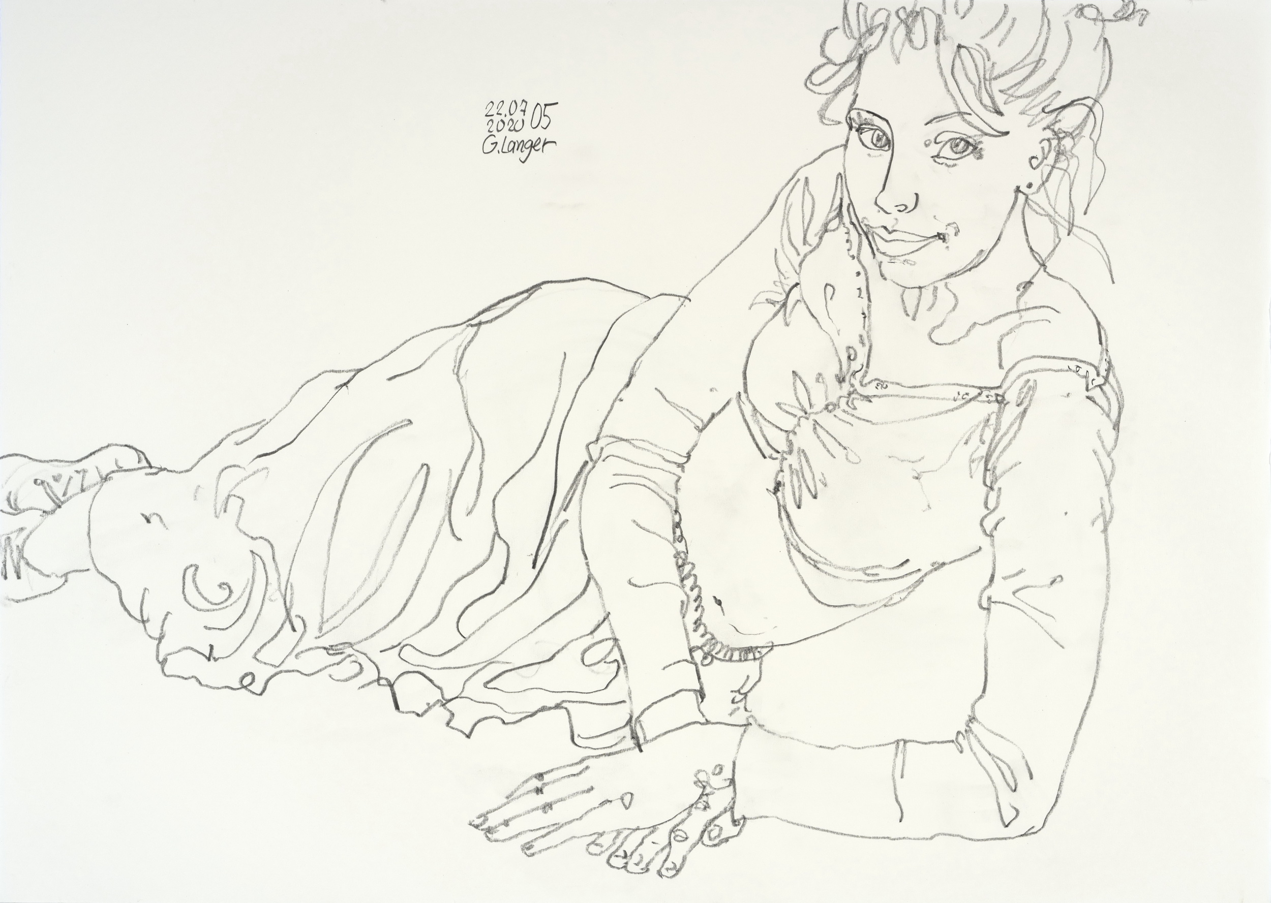 Gunter Langer, Liegendes Mädchen zur Seite gedreht, 2020, Zeichenpapier, 51 x 71 cm